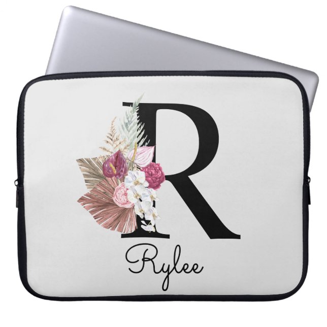Monogrammed Initial R Pink Boho Girly Floral Laptop Sleeve (Front)