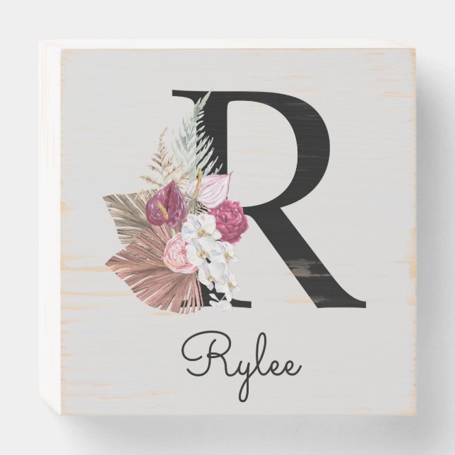 Monogrammed Initial R Pink Boho Girly Floral Wooden Box Sign (Front Horizontal)