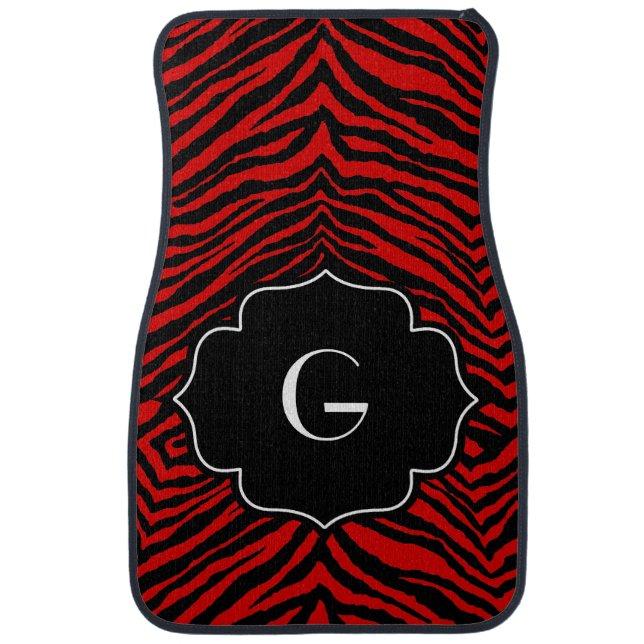 Monogrammed Initial Red Black Zebra Print Car Mat (Front)
