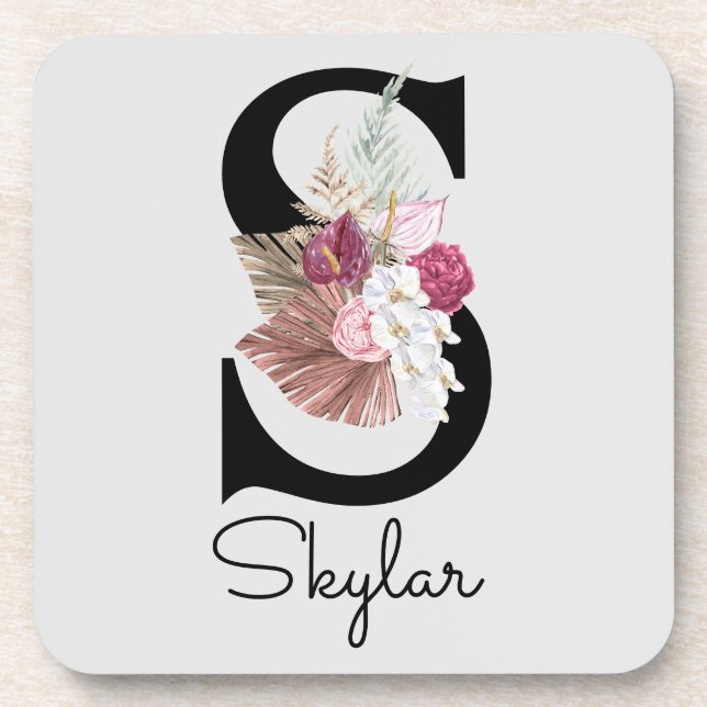 Monogrammed Initial S Pink Boho Floral Beverage Coaster (Front)