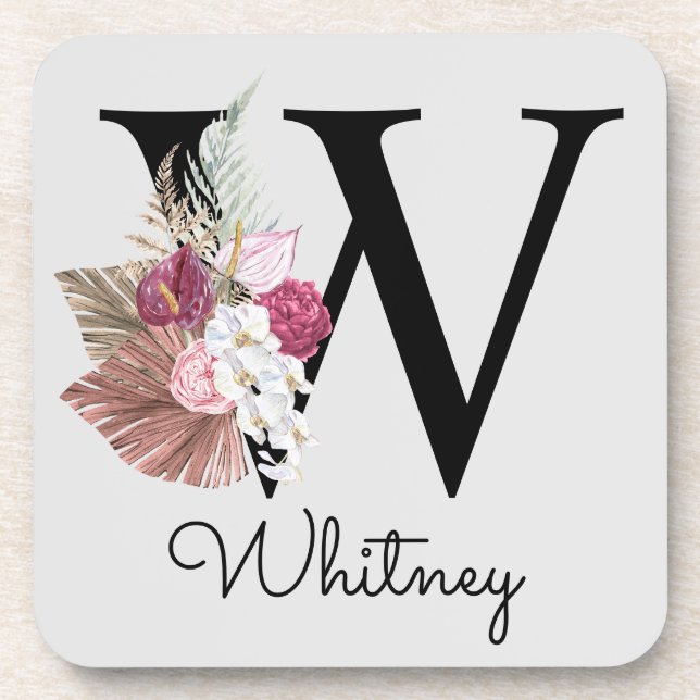 Monogrammed Initial W Pink Boho Floral Beverage Coaster (Front)