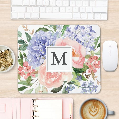 Monogrammed Initial Watercolor Blue Pink Floral Mouse Pad