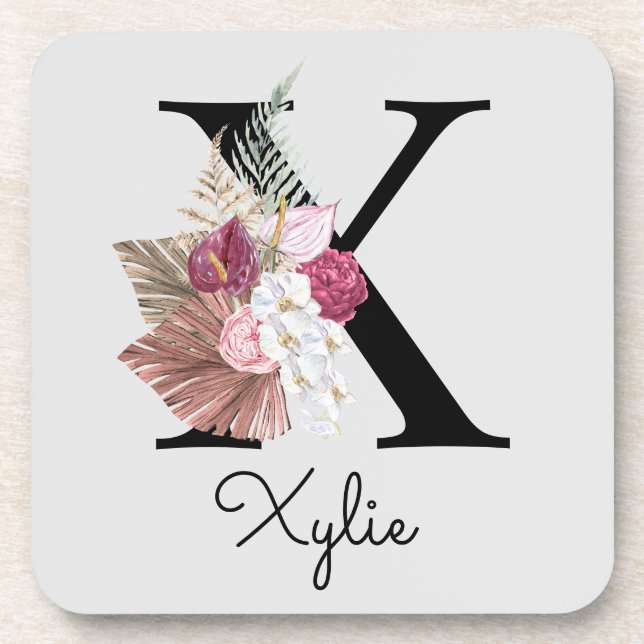 Monogrammed Initial X Pink Boho Floral Beverage Coaster (Front)