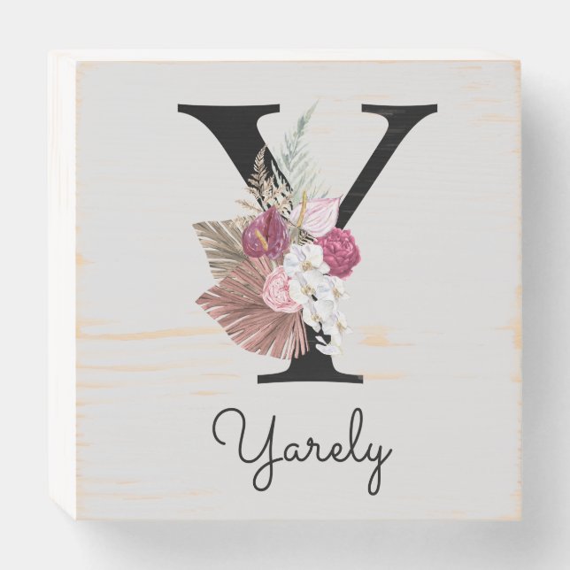 Monogrammed Initial Y Pink Boho Floral Wooden Box Sign (Front Horizontal)