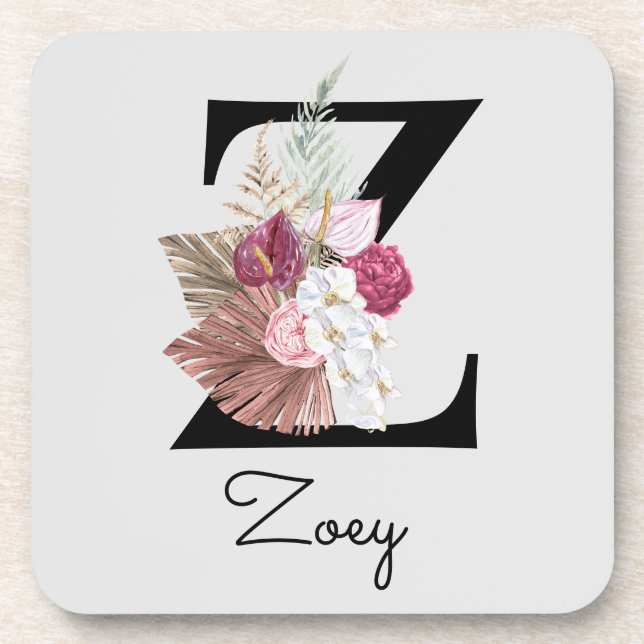 Monogrammed Initial Z Pink Boho Floral Beverage Coaster (Front)