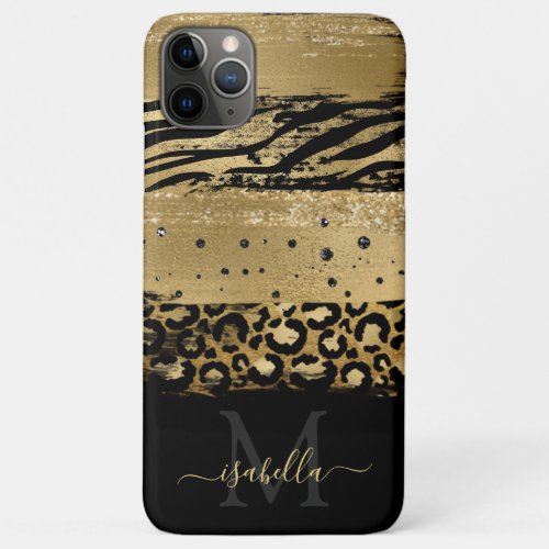 Monogrammed Initials Black Gold Animal Print iPhone 11 Pro Max Case