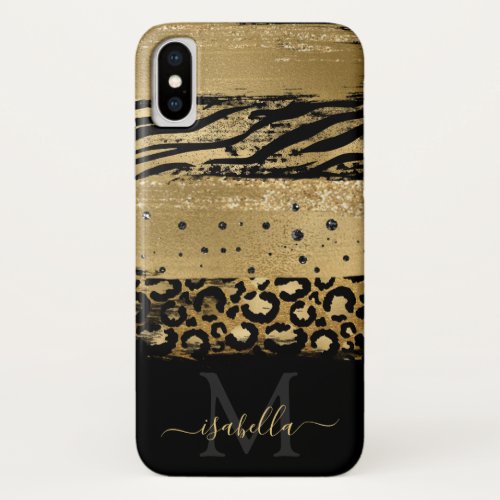 Monogrammed Initials Black Gold Glitter iPhone XS Case