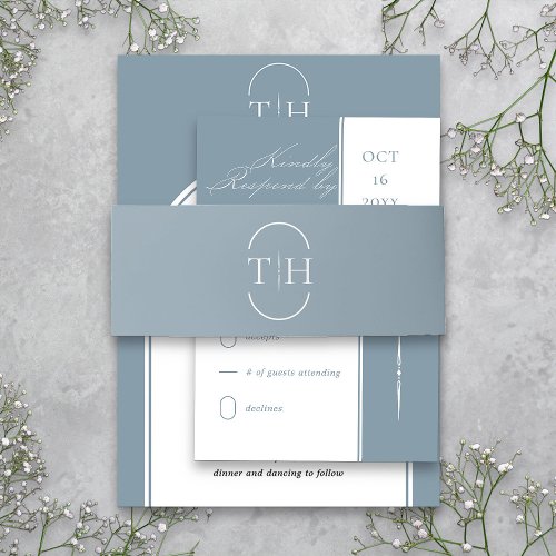 Monogrammed Initials Dusty Blue Wedding Invitation Belly Band