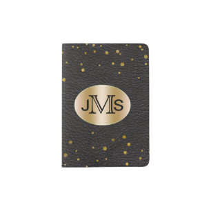 Monogrammed Initials   Gold Dots Black Leather Passport Holder