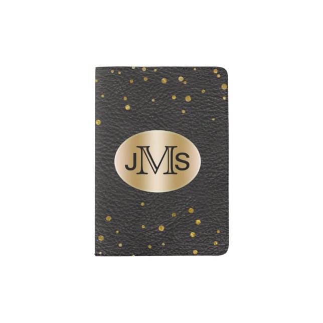 Monogrammed Initials | Gold Dots Black Leather Passport Holder (Front)