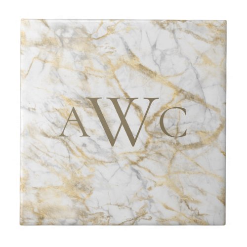 Monogrammed Initials Gold White Gray Marble  Ceramic Tile