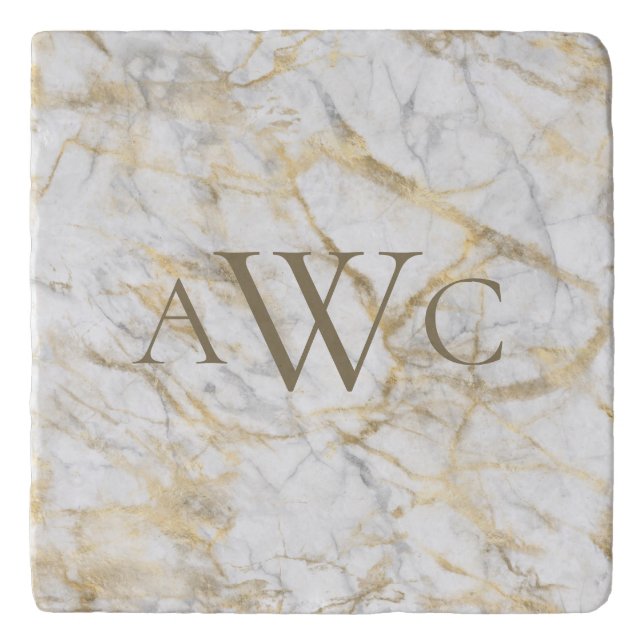 Monogrammed Initials Gold White Gray Marble Gift Trivet (Front)