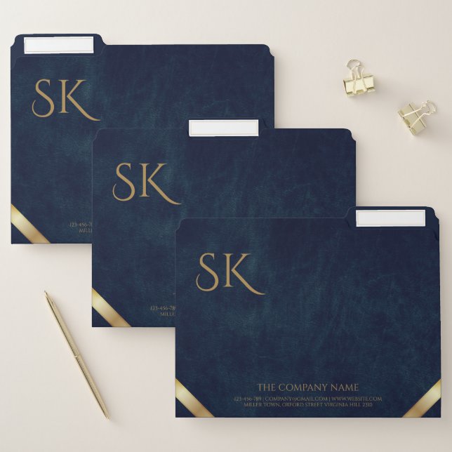 Monogrammed Initials Modern Navy Leather File Folder (Set)