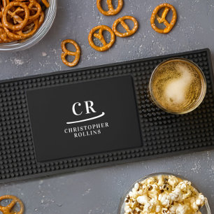 Monogrammed Initials Name Minimalist Black & White Bar Mat