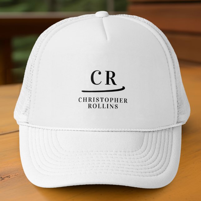 Monogrammed Initials & Name Minimalist Black White Trucker Hat (Creator Uploaded)