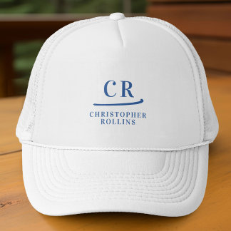 Monogrammed Initials & Name Minimalist Blue White Trucker Hat