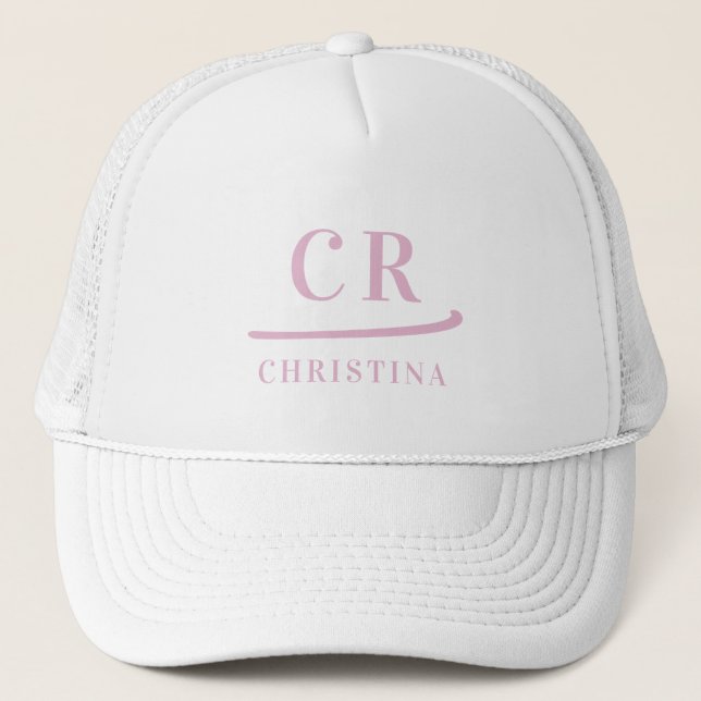 Monogrammed Initials Name Minimalist Pink & White Trucker Hat (Front)