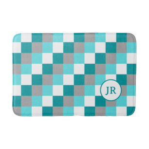 Monogrammed Initials on Teal and Aqua Checked Bath Mat