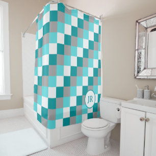 Monogrammed Initials on Teal and Aqua Checked Shower Curtain