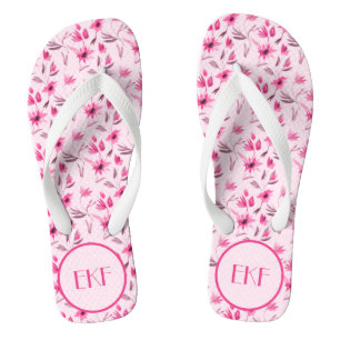 Monogrammed Initials Pink Floral Women's Flip Flops