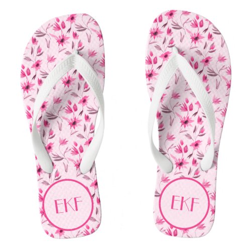 Monogrammed Initials Pink Floral Womens  Flip Flops