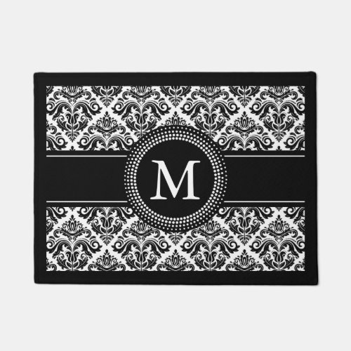 Monogrammed Initials Vintage Black White Damask Doormat