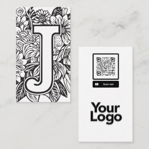 Monogrammed J Black and White Floral QR Code Logo Business Card