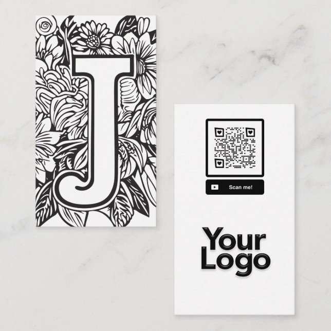 Monogrammed J Black and White Floral QR Code Logo Business Card (Front/Back)