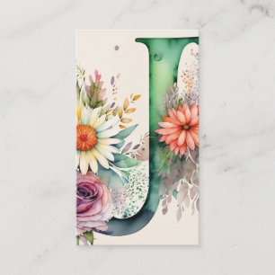 Monogrammed J Daisy Floral Watercolor QR Code Logo Business Card