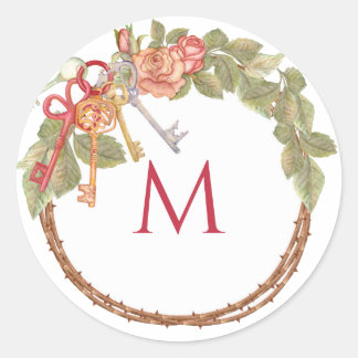 Monogrammed Key & Wreath Classic Round Sticker
