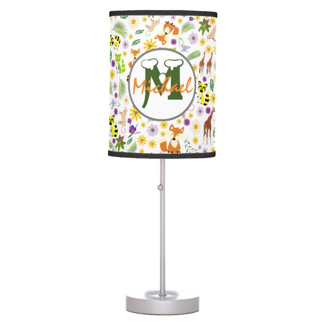 Monogrammed kids pattern safari animals and forest table lamp (Front)