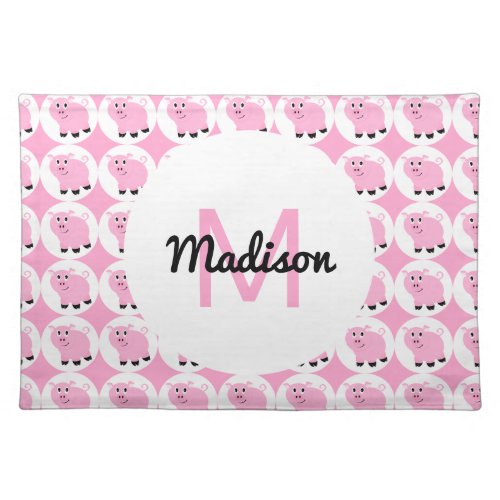 Monogrammed Kids Pink Pig Pattern Animal Pigs Placemat