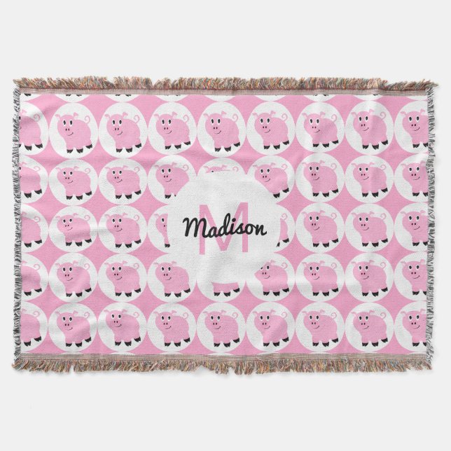 Monogrammed Kids Pink Pig Pattern Animal Throw Blanket (Front)