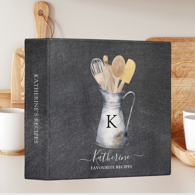 Monogrammed Kitchen Utensils Jug Recipe Cookbook 3 Ring Binder (In situ)