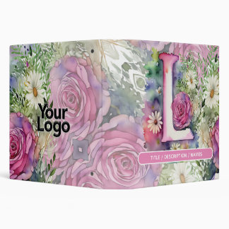 Monogrammed L Daisy Floral Watercolor Logo Punch 3 Ring Binder