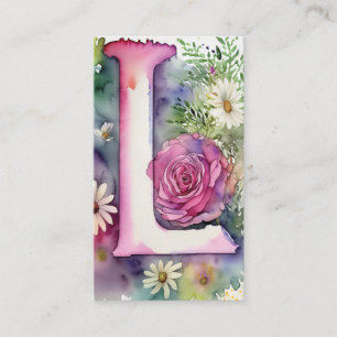Monogrammed L Daisy Floral Watercolor QR Code Logo Business Card