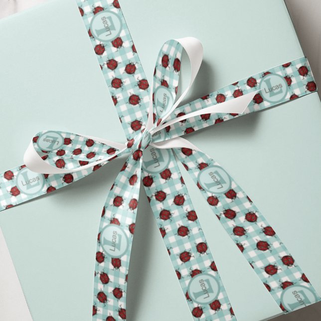 Monogrammed Ladybug and Turquoise Gingham Satin Ribbon (Monogrammed Hand-Drawn Ladybugs on Cute Turquoise Gingham for Kids, for Boy, for Girl.)