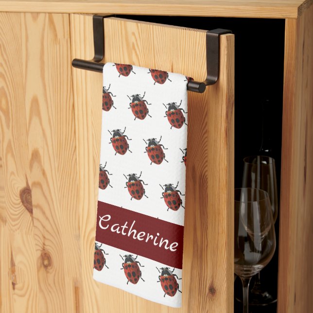 Monogrammed Ladybug Pattern  Kitchen Towel (Thirds Fold)