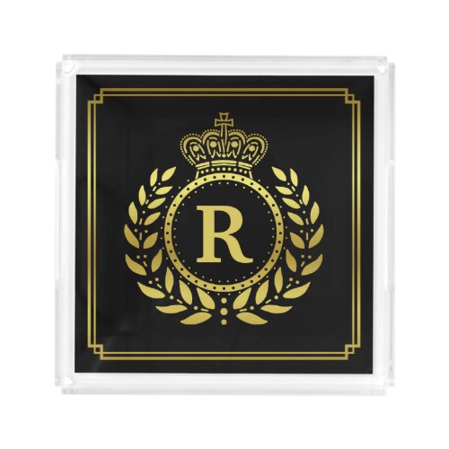 Monogrammed Laurel Wreath Crown Deco Black Gold Acrylic Tray