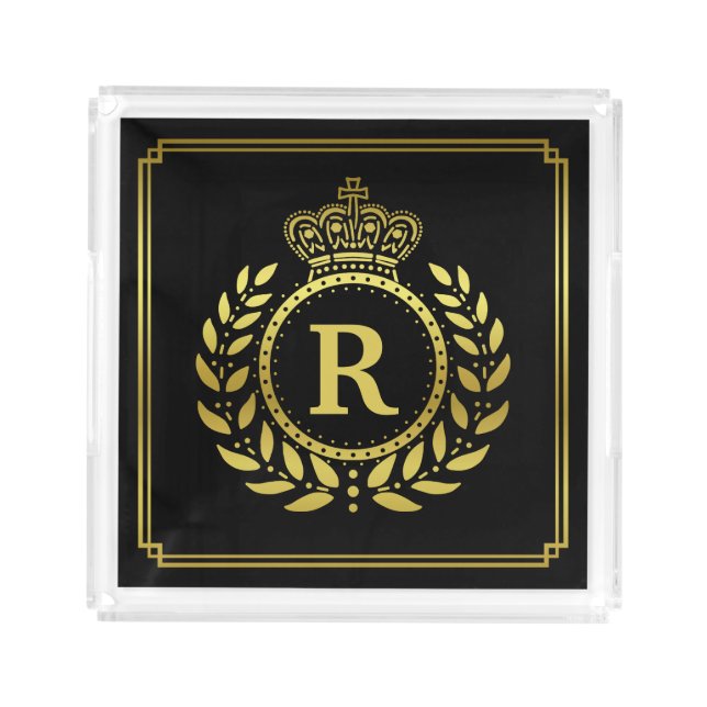 Monogrammed Laurel Wreath Crown Deco Black Gold Acrylic Tray (Front)