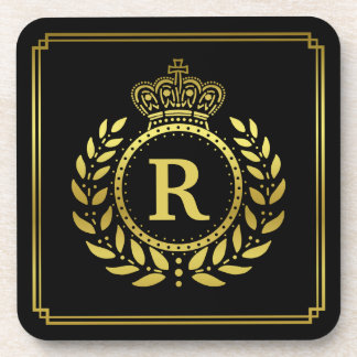 Monogrammed Laurel Wreath Crown Deco Black Gold Beverage Coaster