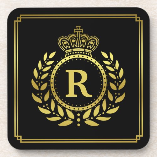 Monogrammed Laurel Wreath Crown Deco Black Gold Beverage Coaster