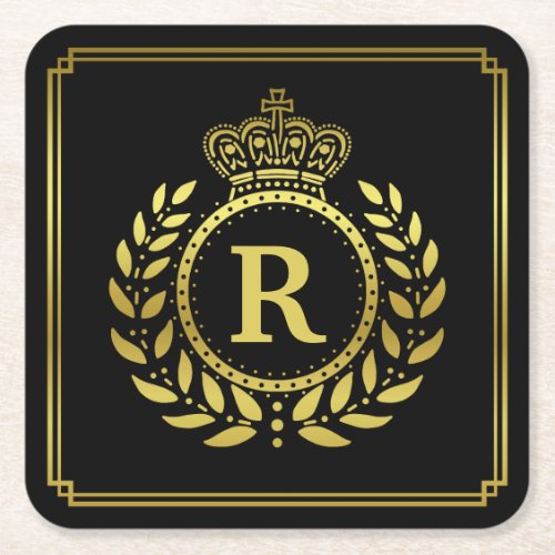 Monogrammed Laurel Wreath Crown Deco Black Gold Square Paper Coaster