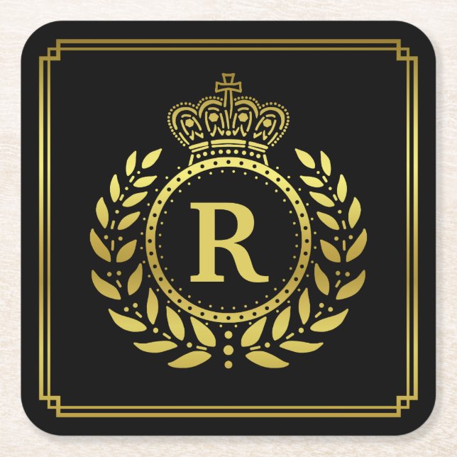 Monogrammed Laurel Wreath Crown Deco Black Gold Square Paper Coaster (Front)