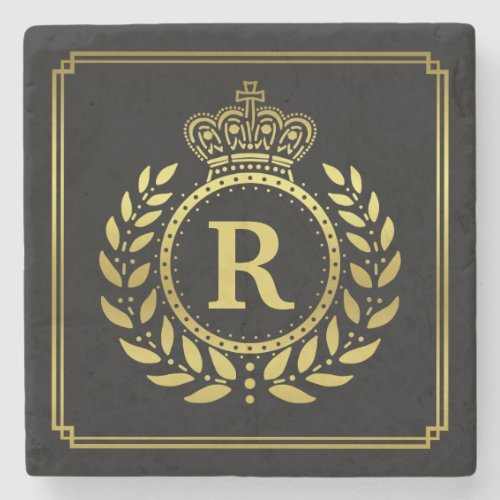 Monogrammed Laurel Wreath Crown Deco Black Gold Stone Coaster