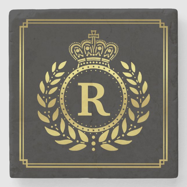 Monogrammed Laurel Wreath Crown Deco Black Gold Stone Coaster (Front)