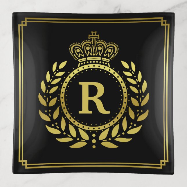 Monogrammed Laurel Wreath Crown Deco Black Gold Trinket Tray (Front)
