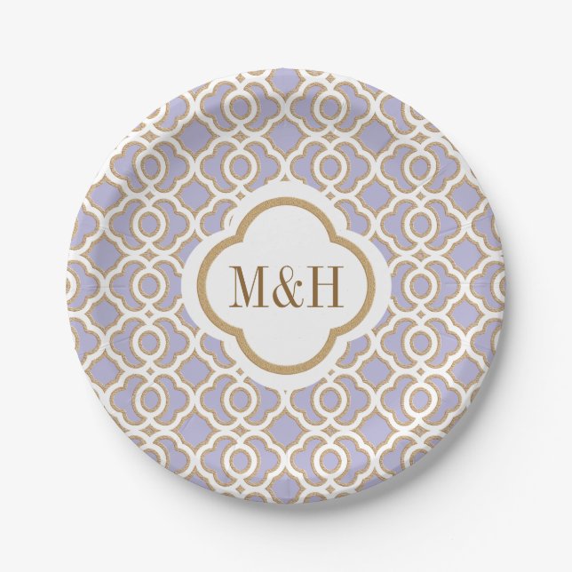 Monogrammed Lavender and Gold Moroccan Wedding Paper Plates (Front)