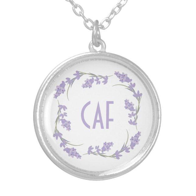 Monogrammed Lavender Floral Wreath Silver Plated Necklace (Front)