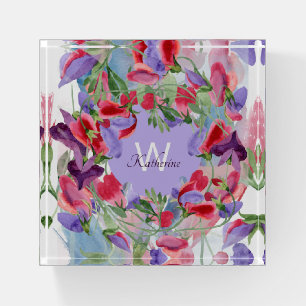 Monogrammed Lavender Watercolor Floral Sweet pea Paperweight